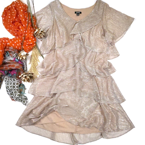 SLNY Shimmering Rose Gold Layered Dress Sz 12 - Picture 2 of 14